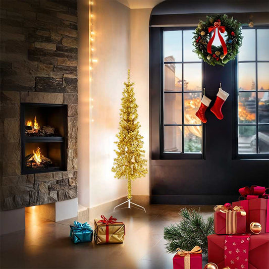 Slim Artificial Half Christmas Tree with Stand Gold 150 cm Slim Artificial Half Christmas Tree with Stand Gold 150 cm