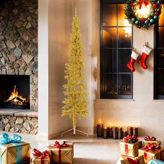 Slim Artificial Half Christmas Tree with Stand Gold 180 cm Slim Artificial Half Christmas Tree with Stand Gold 180 cm