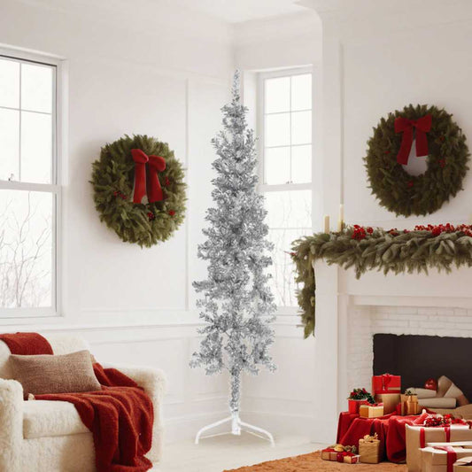 Slim Artificial Half Christmas Tree with Stand Silver 180 cm Slim Artificial Half Christmas Tree with Stand Silver 180 cm