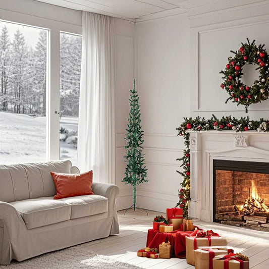 Slim Artificial Half Christmas Tree with Stand Green 150 cm Slim Artificial Half Christmas Tree with Stand Green 150 cm