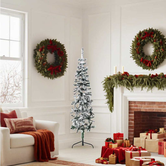 Slim Artificial Half Christmas Tree with Flocked Snow 150 cm Slim Artificial Half Christmas Tree with Flocked Snow 150 cm