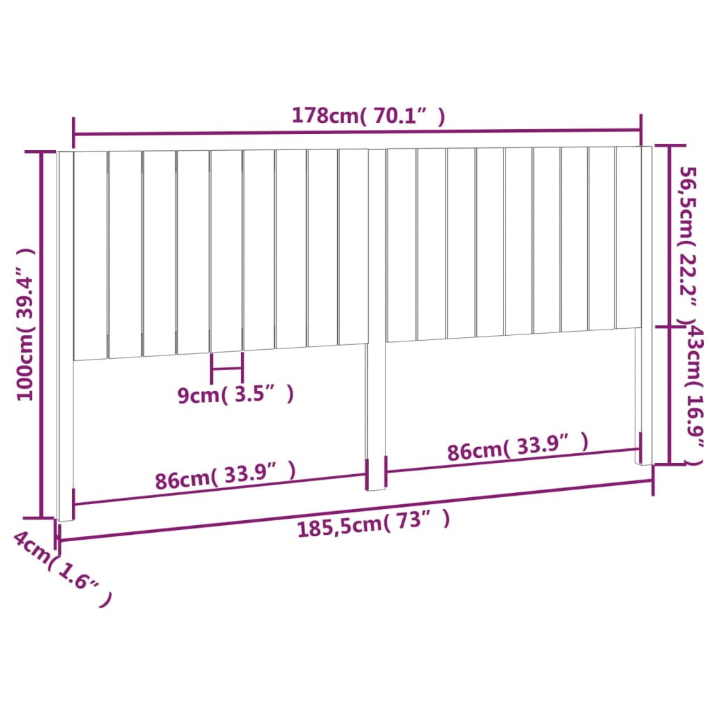 818885 vidaXL Bed Headboard 185,5x4x100 cm Solid Wood Pine