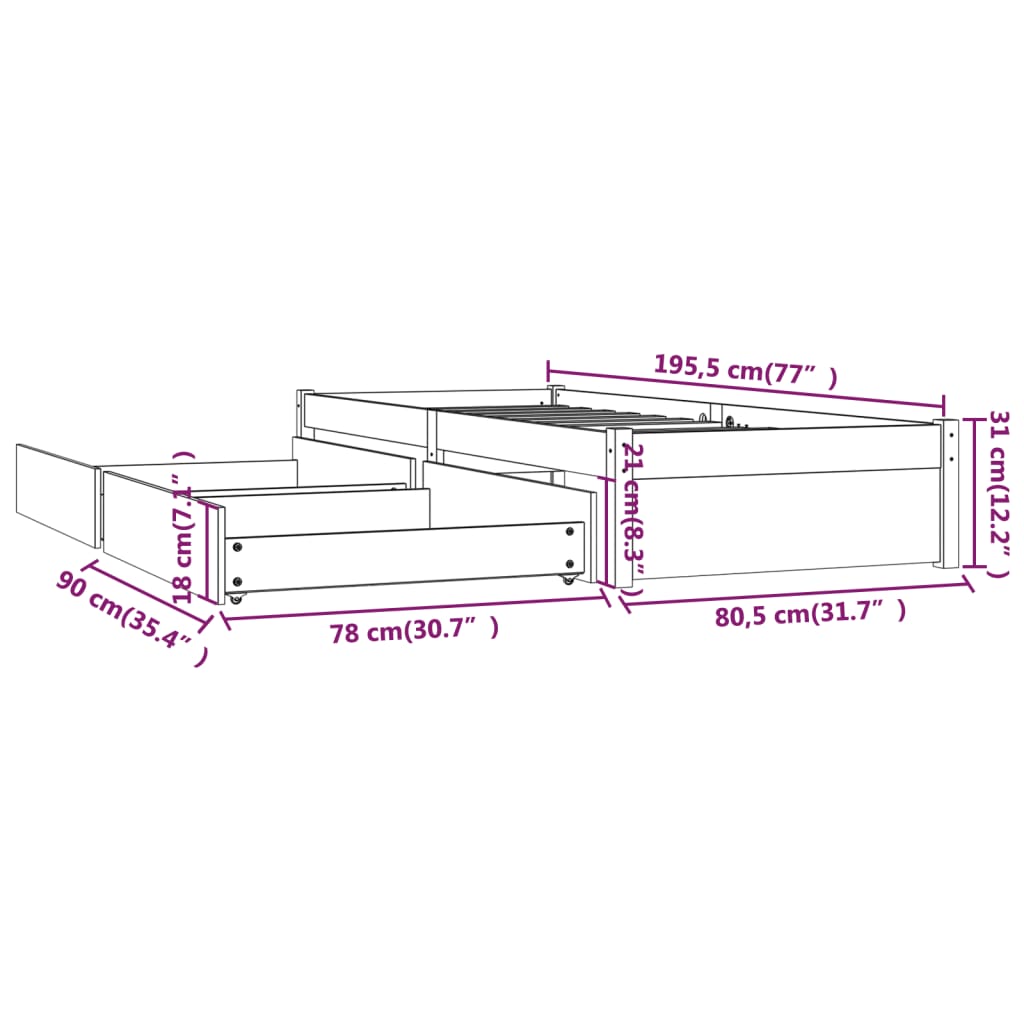 Bed Frame without Mattress with Drawers White Small Single