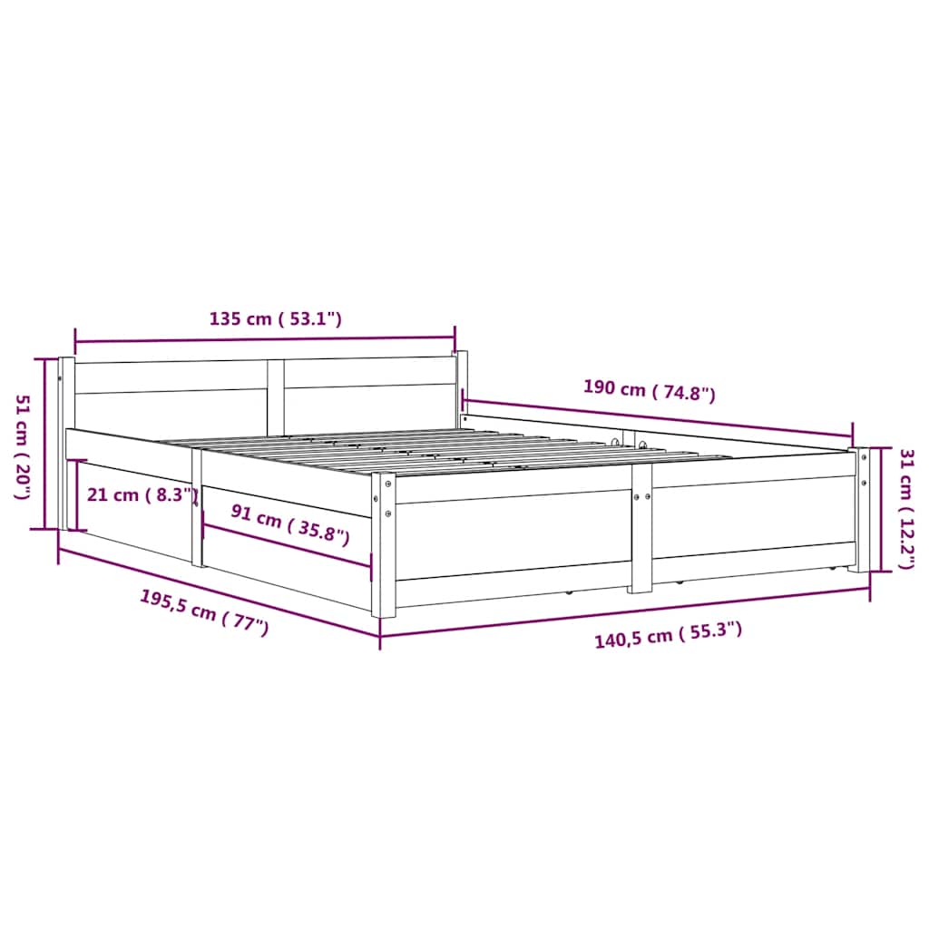 Bed Frame without Mattress with Drawers White Double