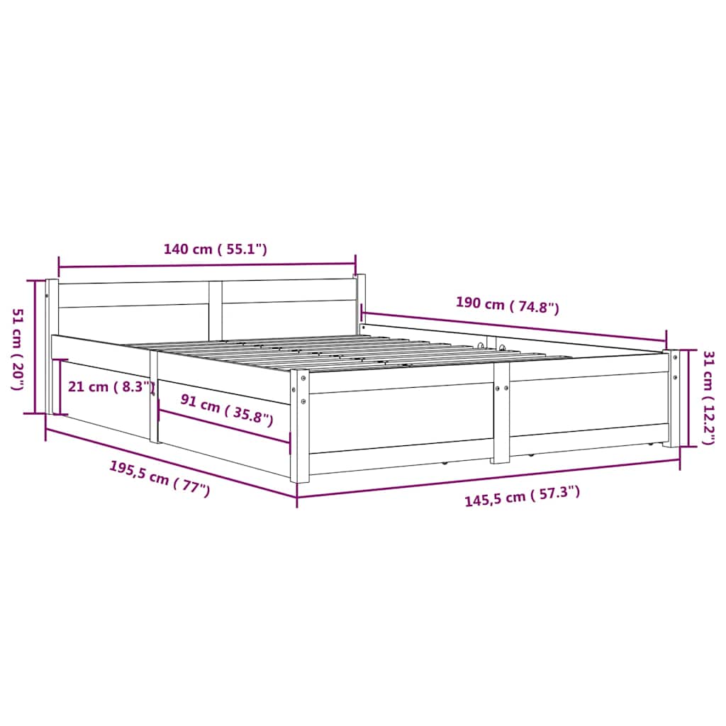 Bed Frame without Mattress with Drawers White 140x190 cm