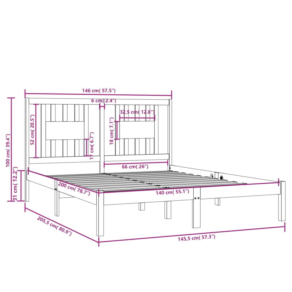Bed Frame | White | Solid pine wood | Double bed size | Durable