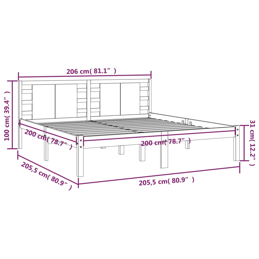 Bed Frame | Grey | Solid pine wood | 200 x 200 cm | Classic/Traditional