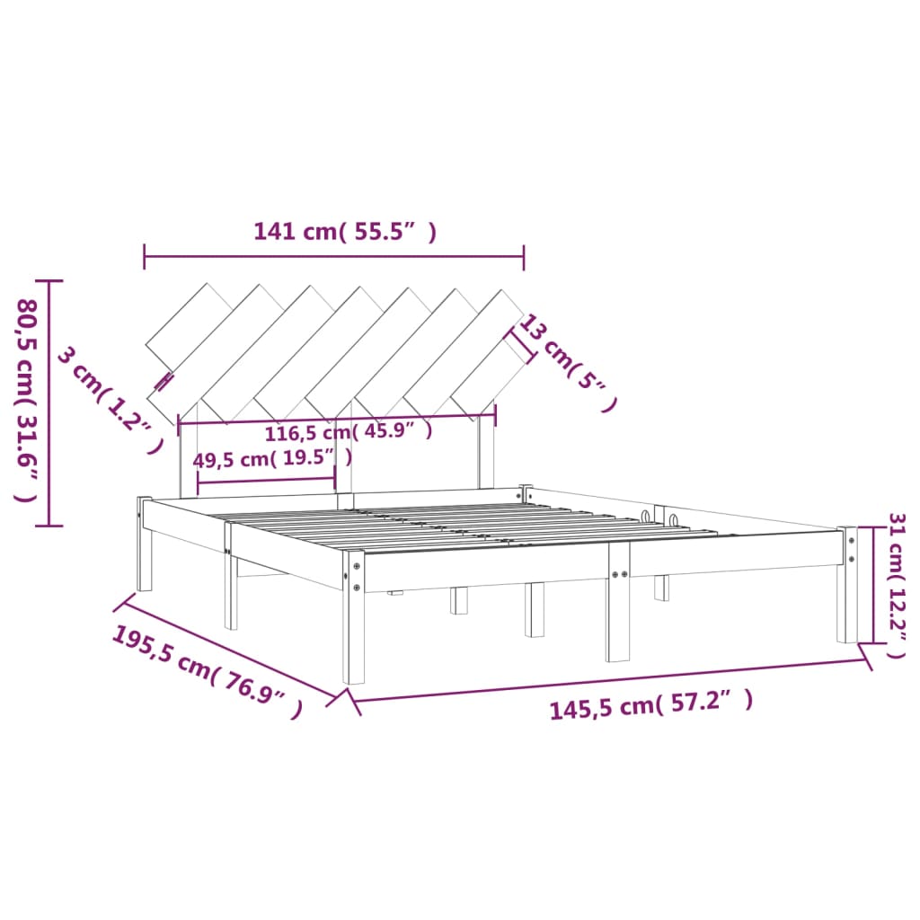 Bed Frame | Black | Solid pine wood, Plywood | 140x190 cm | Durable