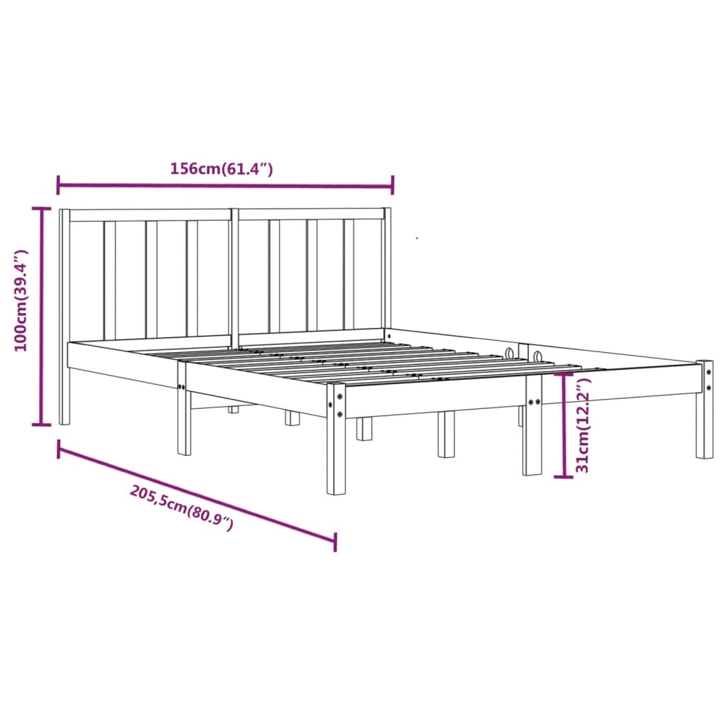 Bed Frame without Mattress Black Solid Wood Pine 150x200 cm
