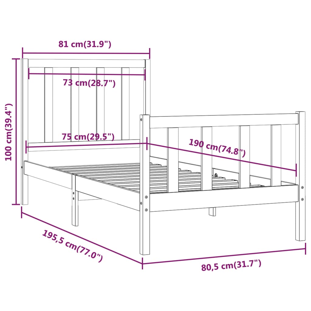 Bed Frame without Mattress Black 75x190 cm Solid Wood