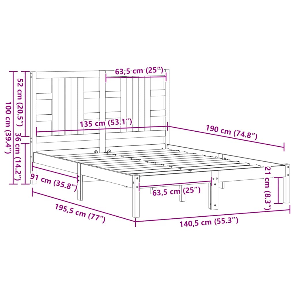 Bed Frame without Mattress 135x190 cm Double Solid Wood