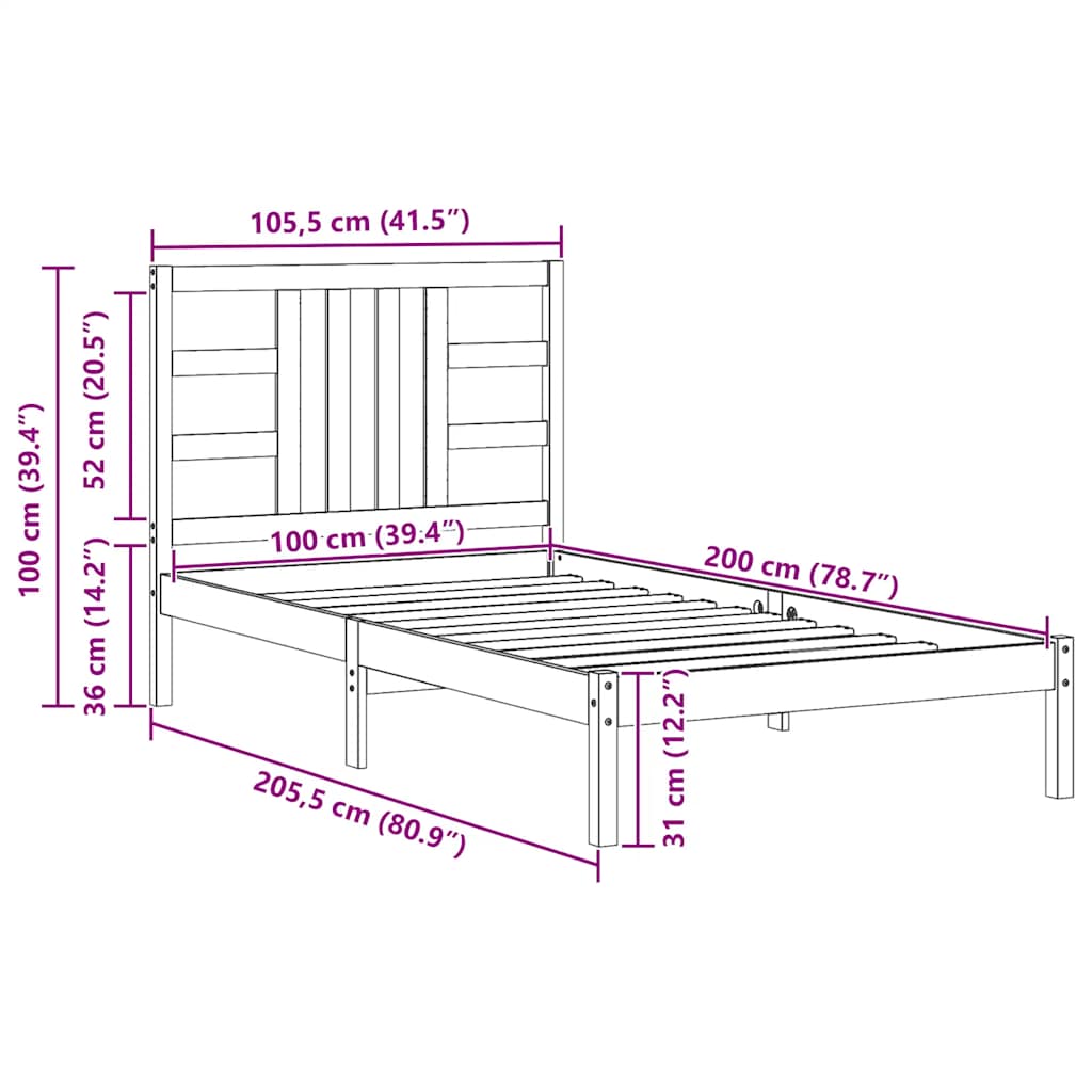 Bed Frame | White | Solid pine wood | Single | Decorative Inlays