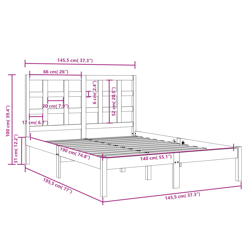 Bed Frame without Mattress Black 140x190 cm Solid Wood
