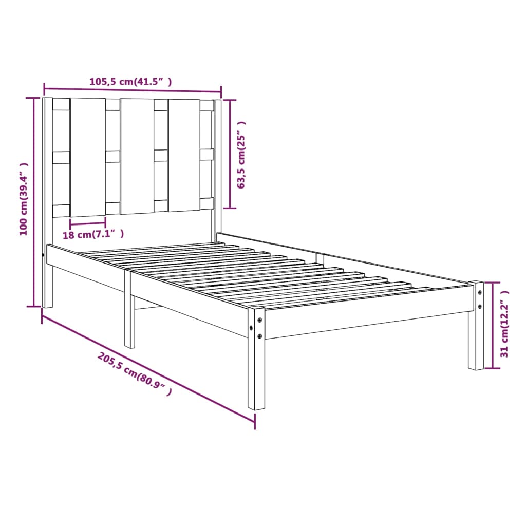 Bed Frame without Mattress Black 100x200 cm Solid Wood Pine