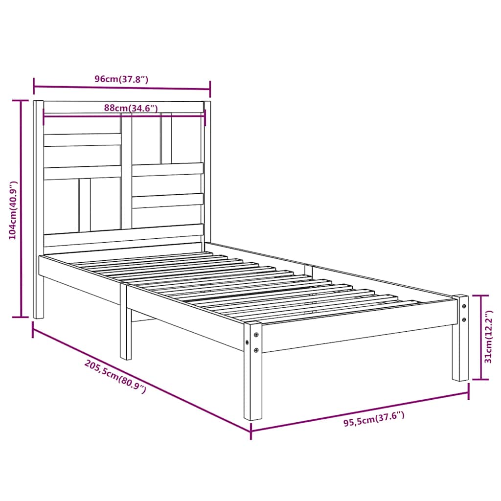 Bed Frame without Mattress White Solid Wood 90x200 cm