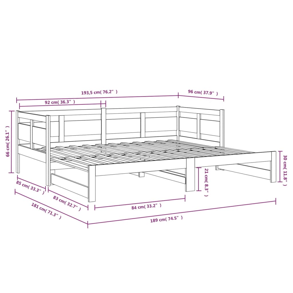Pull-out Day Bed | Black | Solid pine wood | Double size