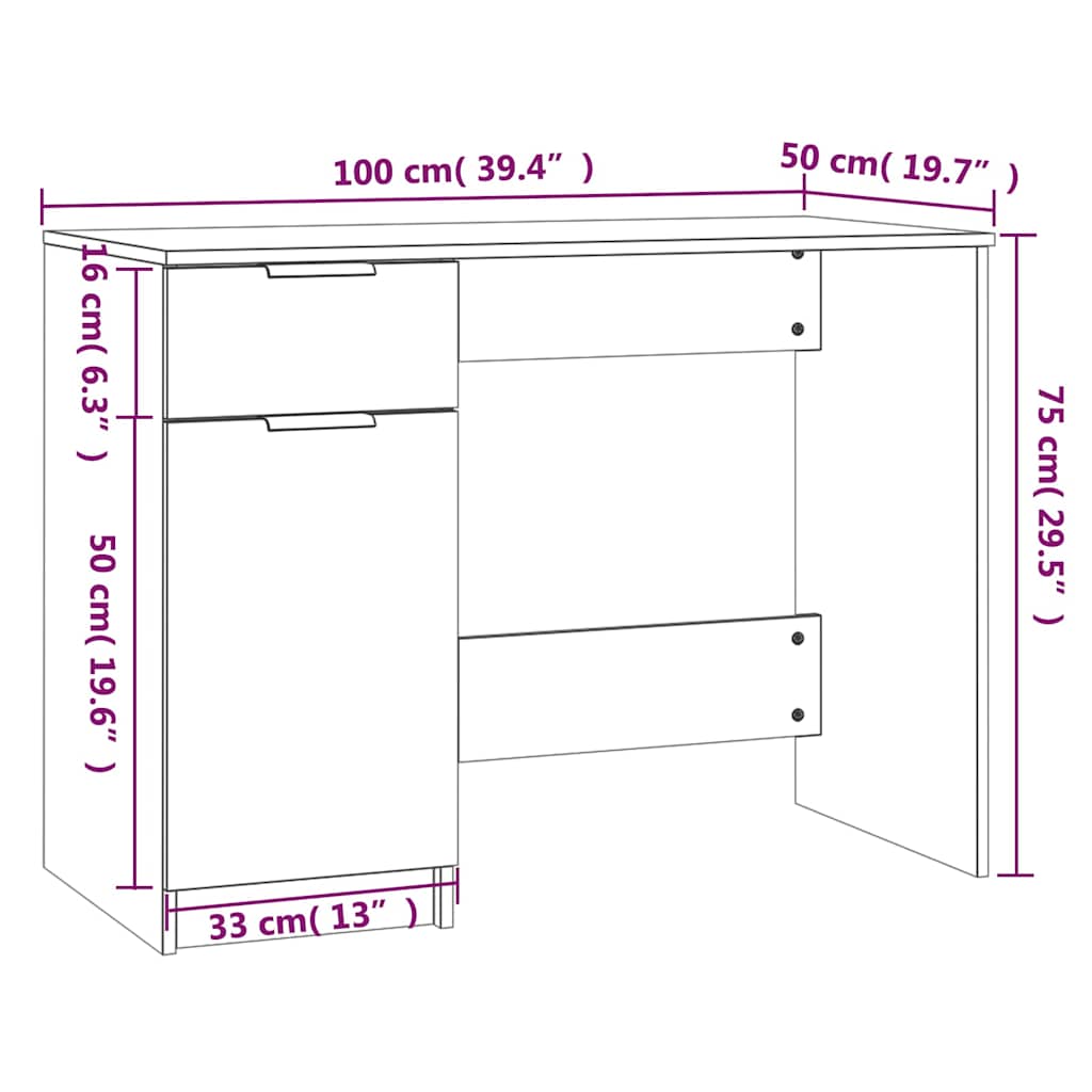 Desk White 100x50x75 cm Engineered Wood