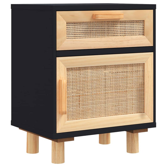 Bedside Cabinet Black Solid Wood Pine and Natural Rattan Bedside Cabinet Black Solid Wood Pine and Natural Rattan