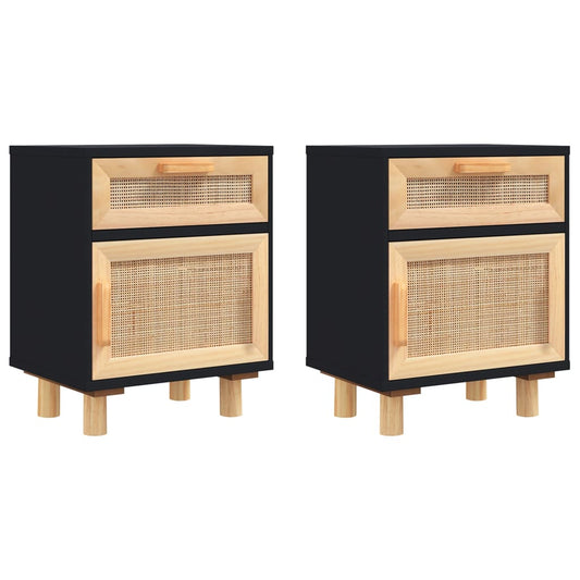 Bedside Cabinets 2 pcs Black Solid Wood Pine and Natural Rattan Bedside Cabinets 2 pcs Black Solid Wood Pine and Natural Rattan