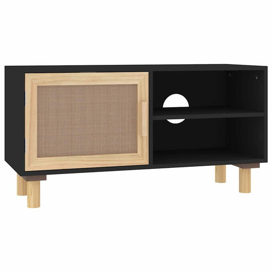 TV Cabinet Black 80x30x40 cm Solid Wood Pine and Natural Rattan TV Cabinet Black 80x30x40 cm Solid Wood Pine and Natural Rattan
