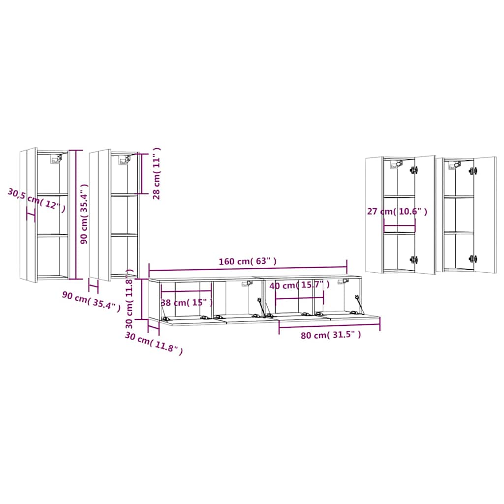 6 Piece TV Cabinet Set White Engineered Wood