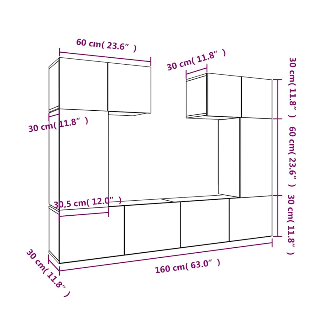 6 Piece TV Cabinet Set White Engineered Wood