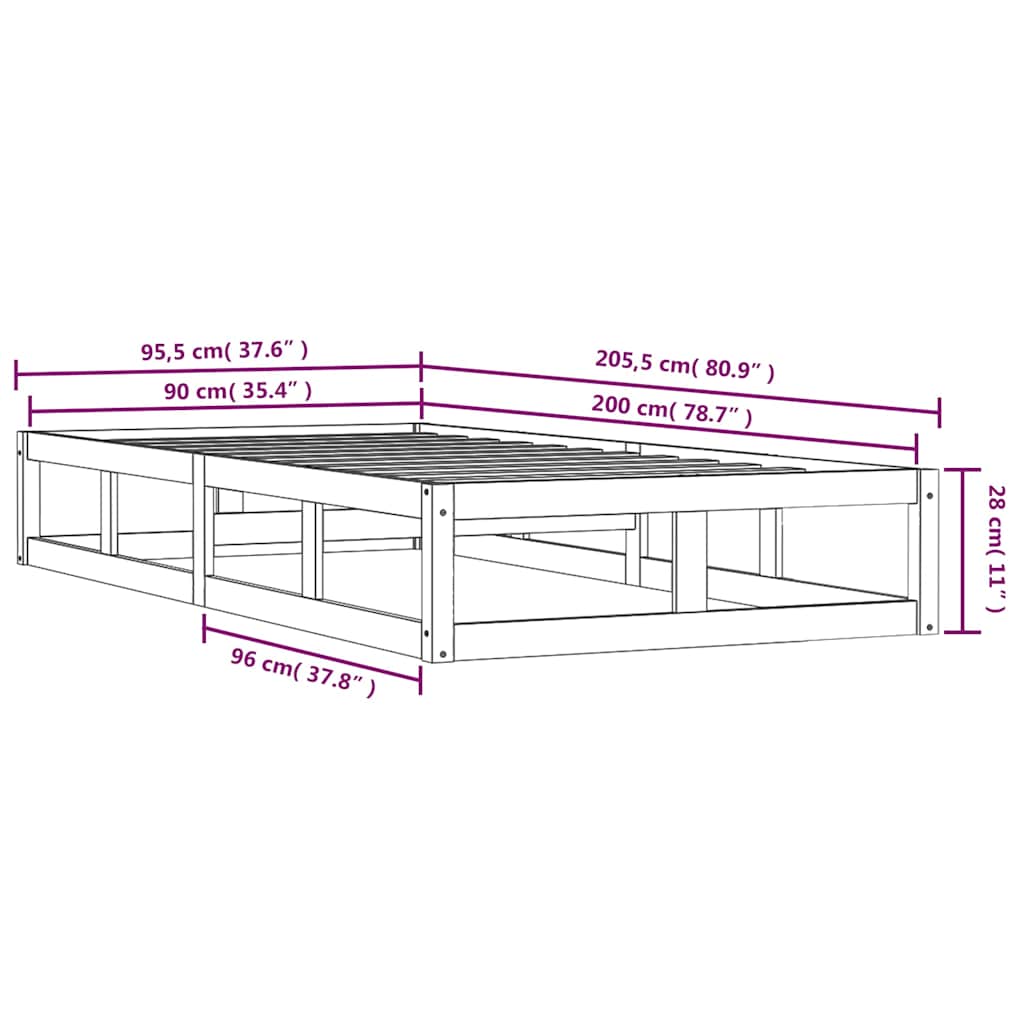 Bed Frame without Mattress 90x200 cm Solid Wood