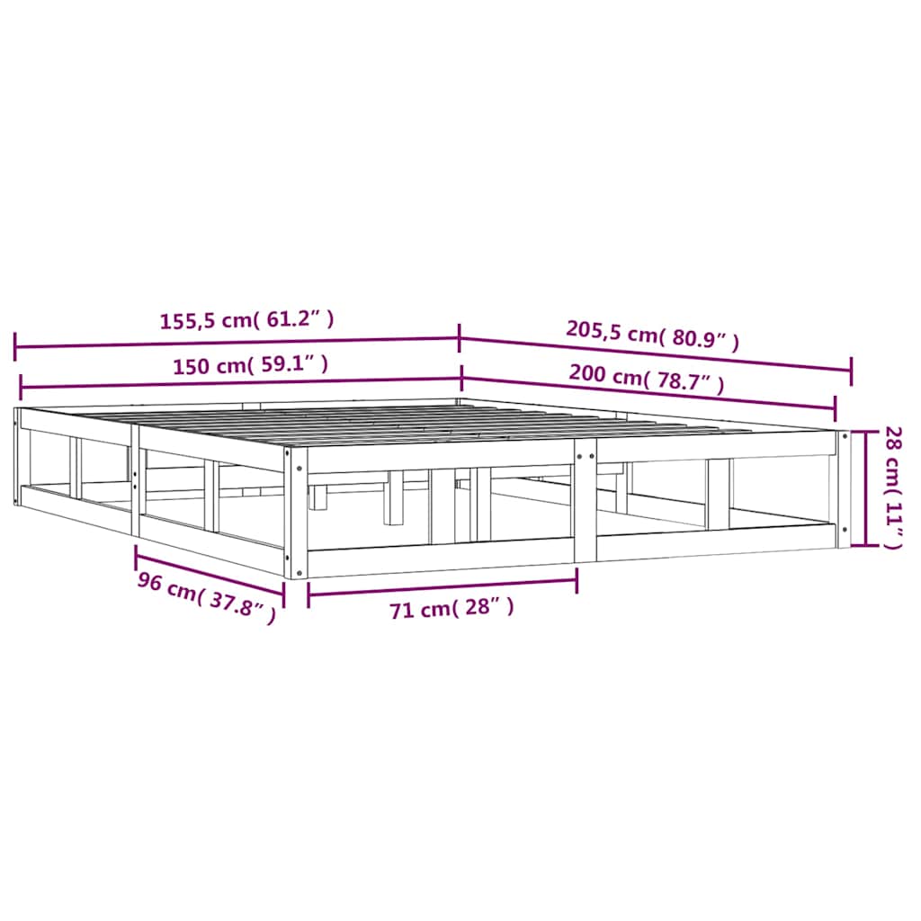 Bed Frame without Mattress Grey 150x200 cm King Size Solid Wood