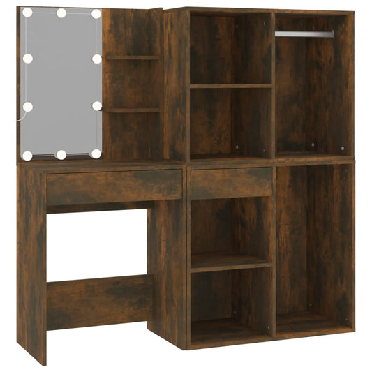 LED Dressing Table with Cabinets Smoked Oak Engineered Wood LED Dressing Table with Cabinets Smoked Oak Engineered Wood