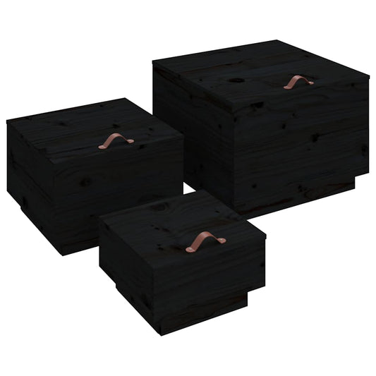 Storage Boxes with Lids 3 pcs Black Solid Wood Pine Storage Boxes with Lids 3 pcs Black Solid Wood Pine