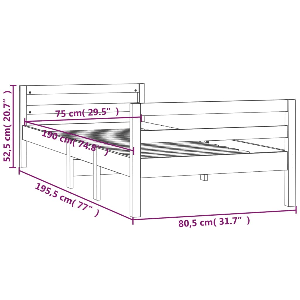 Bed Frame without Mattress Black 75x190 cm Solid Wood Pine
