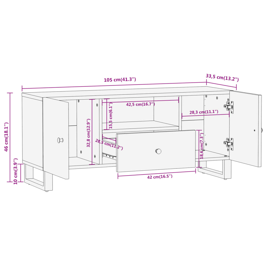 TV Cabinet Brown and Black 105x33,5x46 cm Solid Wood Mango