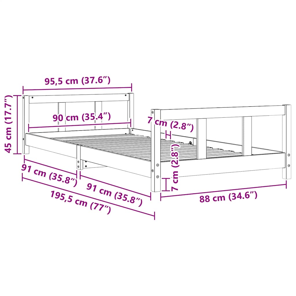 Kids Bed Frame White 90x190 cm Solid Wood Pine