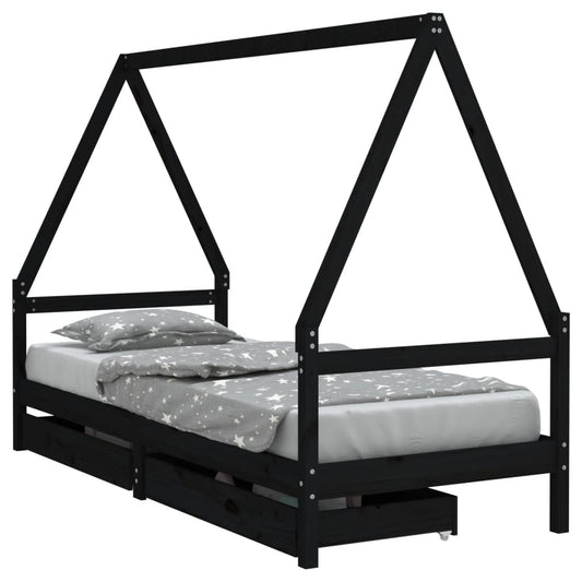 Kids Bed Frame with Drawers Black 90x200 cm Solid Wood Pine Kids Bed Frame with Drawers Black 90x200 cm Solid Wood Pine