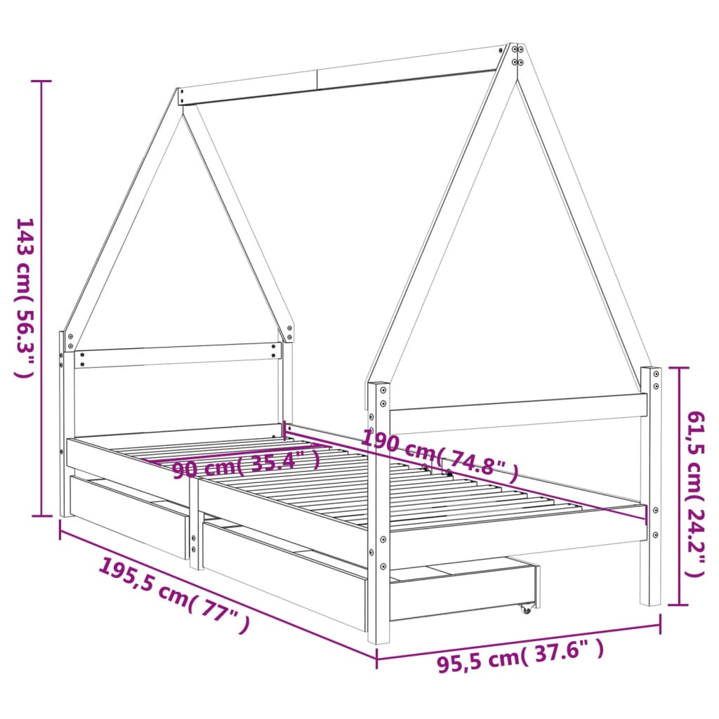Kids Bed Frame with Drawers 90x190 cm Solid Wood Pine