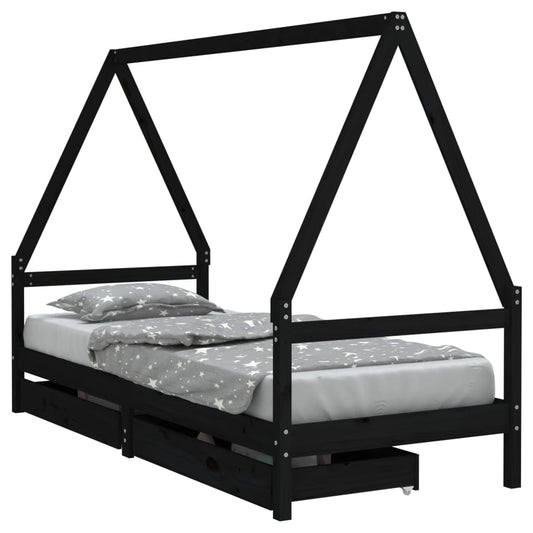 Kids Bed Frame with Drawers Black 90x190 cm Solid Wood Pine Kids Bed Frame with Drawers Black 90x190 cm Solid Wood Pine