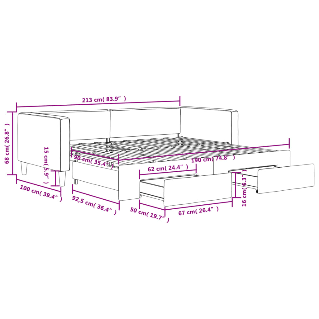 Daybed with Trundle&Drawers without Mattress Dark Grey 90x190cm