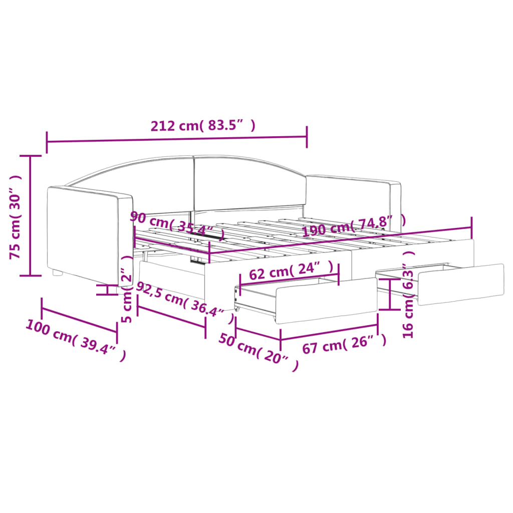 Daybed with Trundle&Drawers Light Grey 90x190 cm