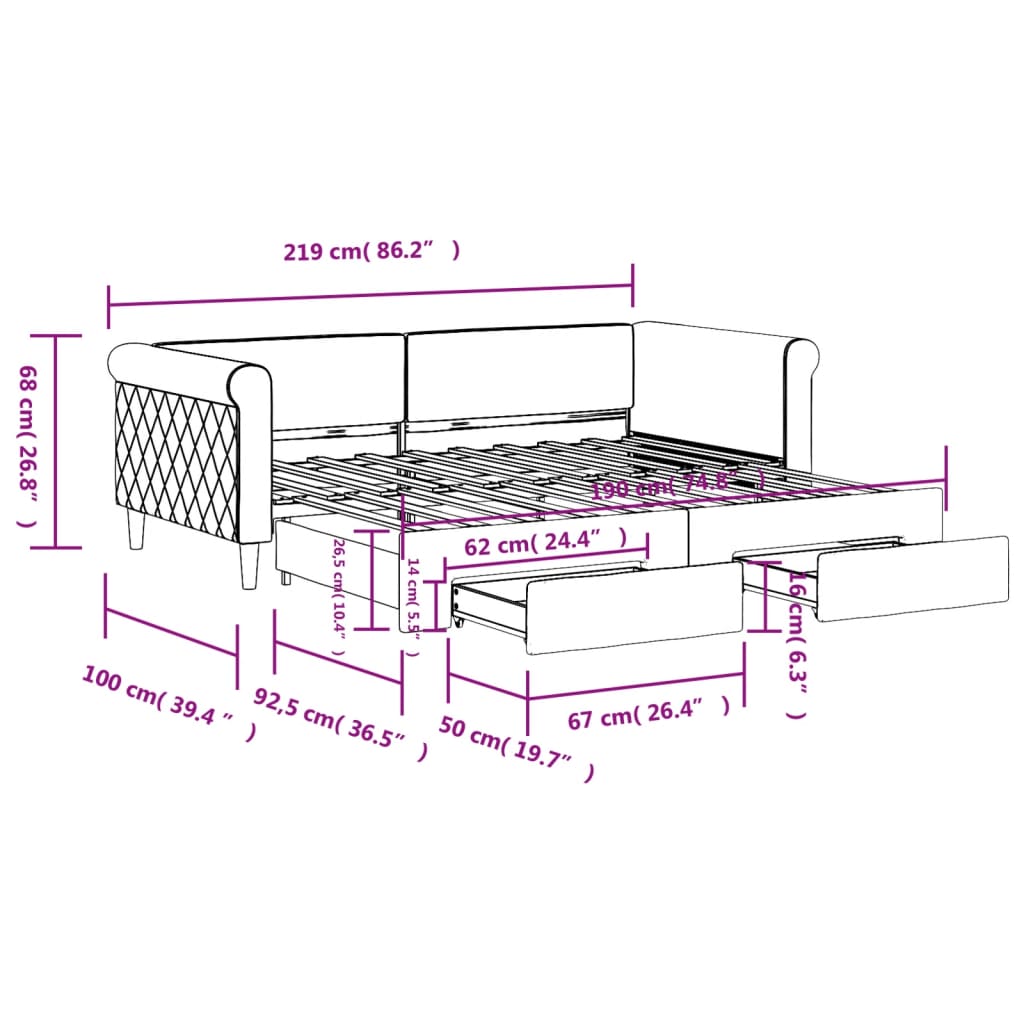 Daybed with Trundle&Drawers without Mattress Dark Grey 90x190 cm Single