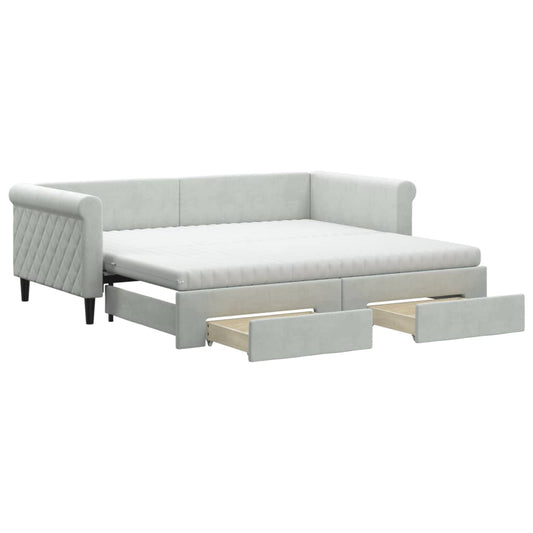 Daybed with Trundle and Drawers Light Grey 90x190 cm Velvet Daybed with Trundle and Drawers Light Grey 90x190 cm Velvet
