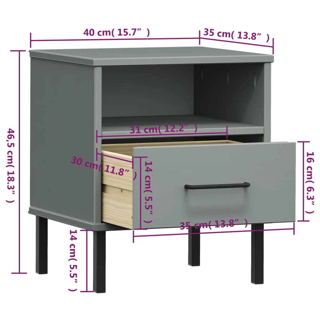 Bedside Cabinet with Metal Legs Grey Solid Wood Pine "OSLO