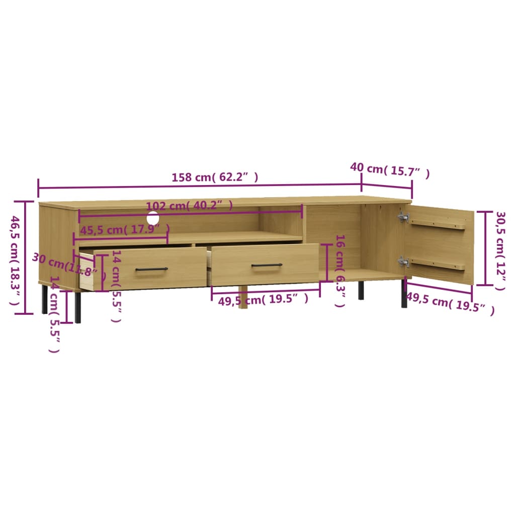 TV Cabinet with Metal Legs Brown Solid Wood Pine "OSLO