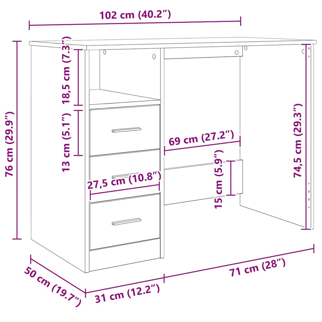 Desk with Drawers Sonoma Oak 102x50x76 cm Engineered Wood