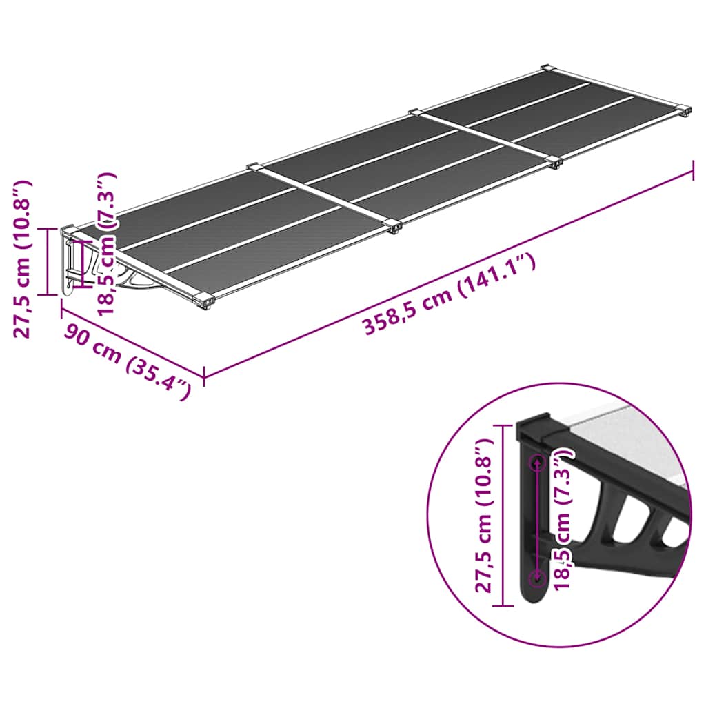 Door Canopy Black and Transparent 358,5x90 cm Polycarbonate