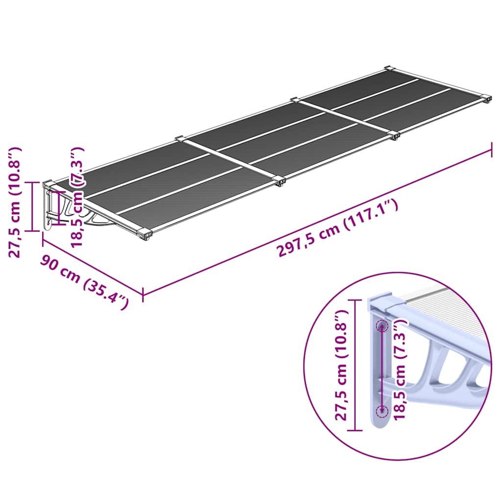 Door Canopy Grey and Transparent 297,5x90 cm Polycarbonate
