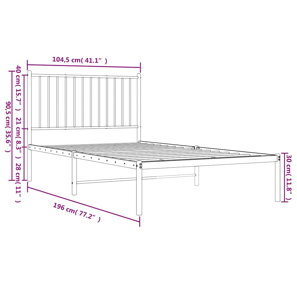 Metal Bed Frame without Mattress with Headboard Black 100x190cm