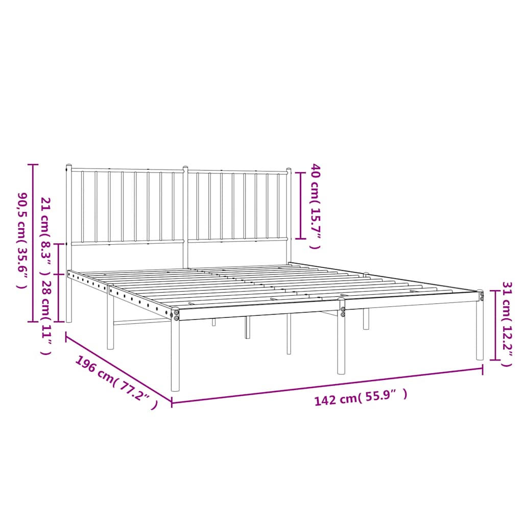 Metal Bed Frame without Mattress with Headboard White 135x190cm