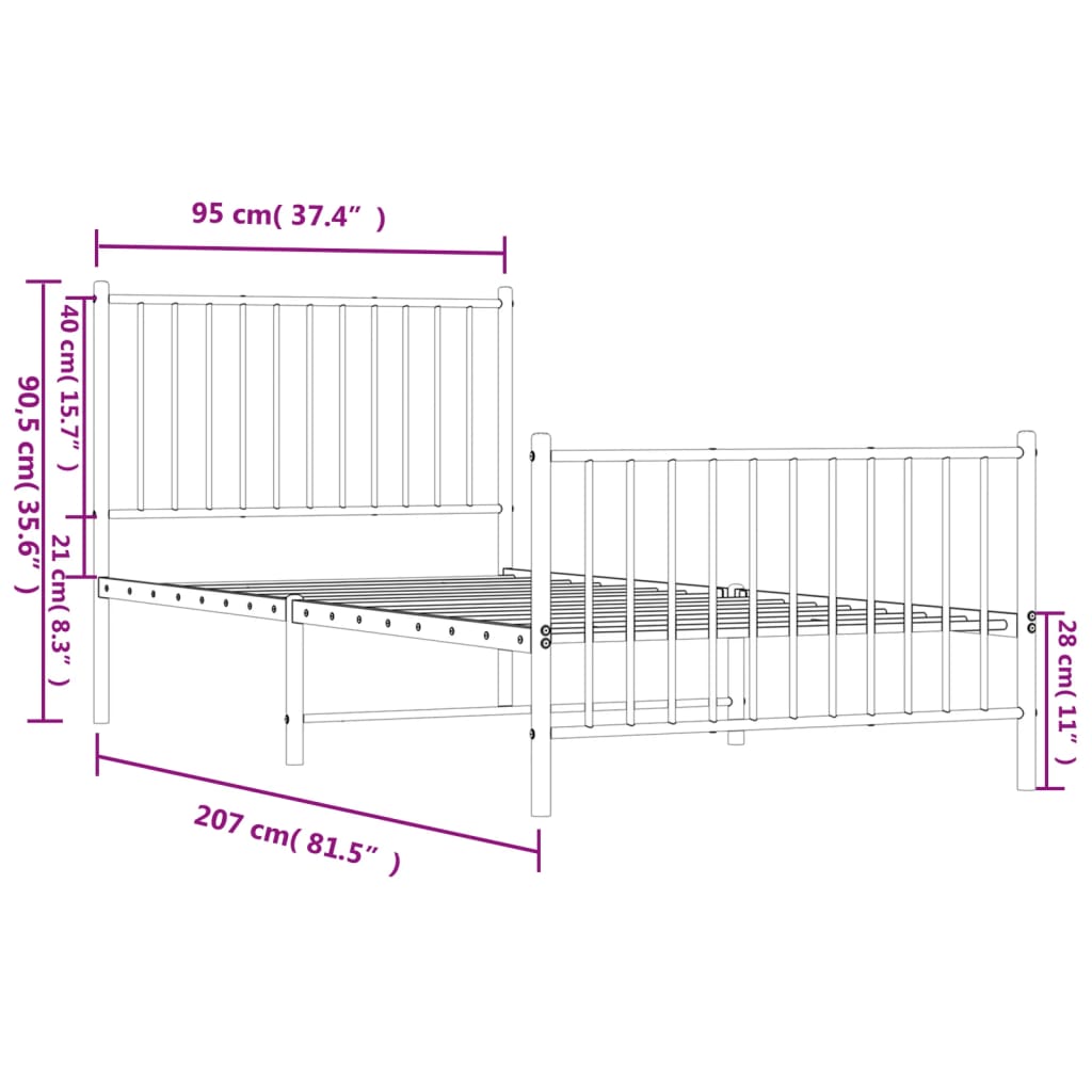 Metal Bed Frame without Mattress with Footboard White 90x200cm