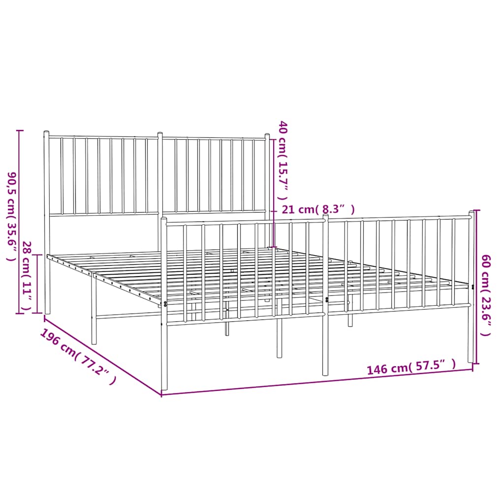Metal Bed Frame without Mattress with Footboard White 140x190cm