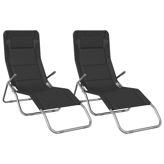 Folding Sun Loungers 2 pcs Black Textilene&Powder-coated Steel Folding Sun Loungers 2 pcs Black Textilene&Powder-coated Steel